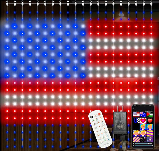 Smart American Flag Curtain Lights 400 LED, 6.6 x 6.6 FT Color Changing Fairy String Lights with APP & Remote, DIY Music Sync Waterproof Patriotic Decor for Yard Patio 4th of July Christmas