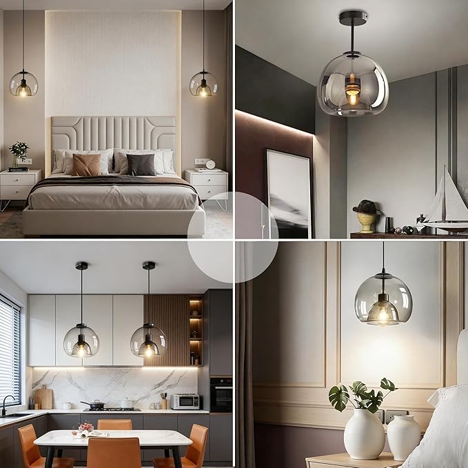 9.1in Large Smoke Glass Pendant Light for Kitchen Island, 2-Pack with Extra LED Bulbs & 4.92ft Adjustable Cord | Modern Minimalist Lighting for Dining Room, Living Room, Entryway