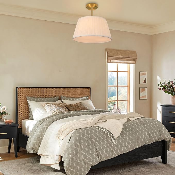 Electro bp; 15”Dia White Pleated Fabric Drum Shade Ceiling Light Fixture Farmhouse Brocade Linen Cone Shape Close to Semi-Flush Mount,Polished Gold,3 Sockets,E26,180W,Large;