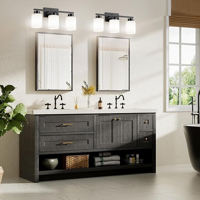 PARTPHONER 3-Light Matte Black Bathroom Light Fixtures, Modern Vanity Light Over Mirror Lighting, Wall Sconce with Frosted Milky White Glass Shades for Bedroom Living Room Kitchen Hallway