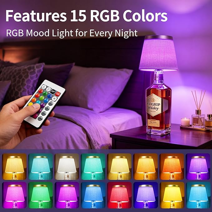 Wireless Bottle Lamp,Rechargeable RGB Linen Bottle Stopper Lam Have 6000mAh Battery Continuous Use for 20-60 Hours，Suitable for Bedrooms Bars Living Rooms Table（2 Pack）.