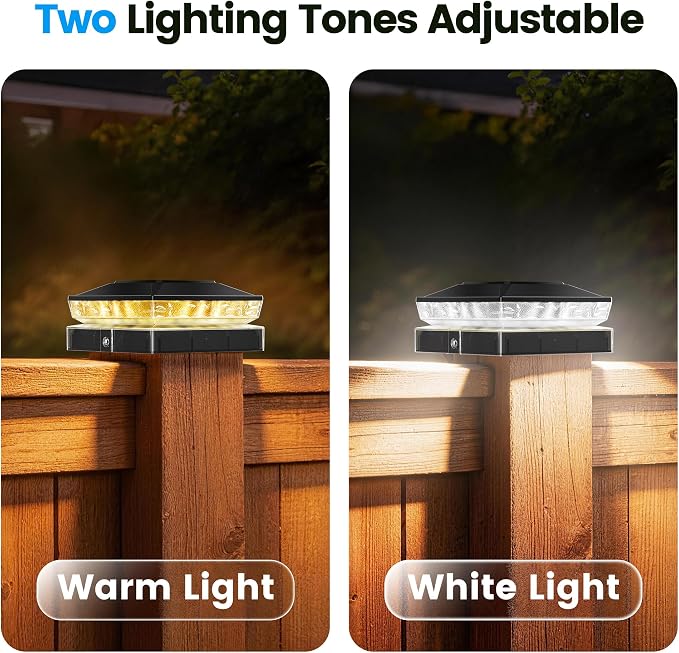 Solar Post Cap Lights 2 Pack, IP65 Waterproof Outdoor Fence Post Solar Lights for 3.5x3.5 & 4x4 Wood/Vinyl Posts, 10-12 Hours Upgraded Warm/Cool White Glow for Garden/Patio/Porch - Inky Black
