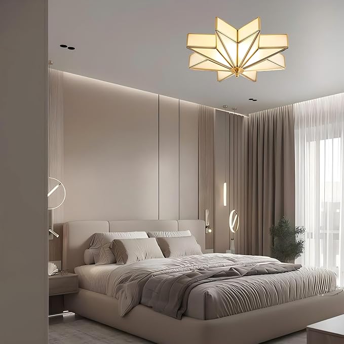 LIGHTLAND 19.7 Inch Flush Mount Star Ceiling Light, 4 Lights Brass Ceiling Lamp with Glass Lampshade, Art Deco Close to Ceiling Light Fixtures for Bedroom Living Room Entryway Hallway, Gold