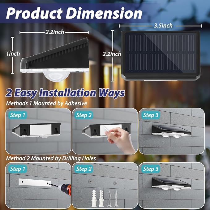 Solar Fence Lights Outdoor 12-Pack, Waterproof LED Fence Light Solar Powered with 3 Modes (3000K/4500K/6500K) for Outside, Deck, Step, Stairs, Balcony, Yard, Patio, Walkway, Pathway, Railing