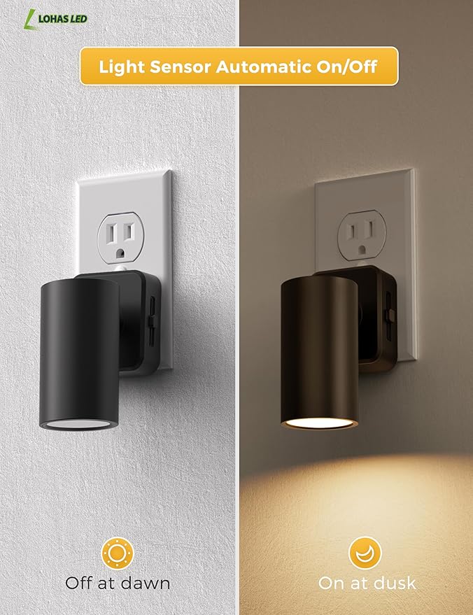 L LOHAS LED Night Lights Plug into Wall, [2-Pack] Rotatable Night Light with Dusk to Dawn Sensor, 0-100 LM Brightness Adjustable,Soft White 3000K Spot Light Nightlight for Bathroom Hallway Stairs
