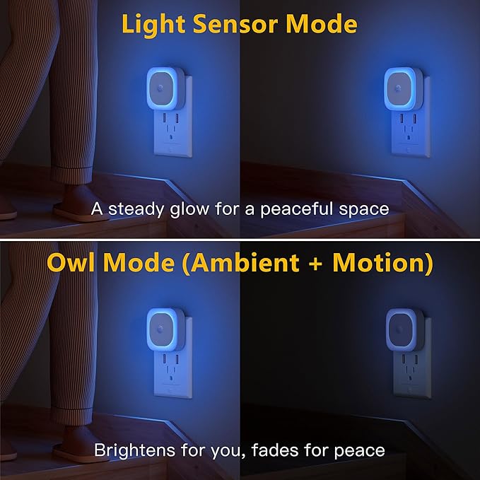 YUNLEX 2 Pack Plug in Night Light with Motion Sensor & Dusk to Dawn Sensor, 3 Sensor Modes, Auto ON/Off, Dimmable, Night Lights Plug into Wall for Bathroom, Kitchen, as Mother Gifts, Light Blue