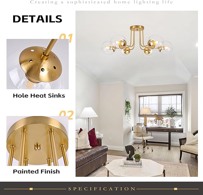 KoKo&Yukina 6-Light Mid Century Ceiling Light Modern Semi Flush Mount Ceiling Light Fixture Globe Ceiling Light with Clear Glass Shade Brushed Brass Finish for Bedroom Hallway Dining Room Living Room