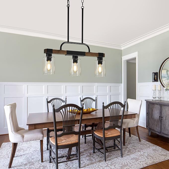 Farmhouse Dining Room Light Fixtures Over Table，Rustic Ceiling Pendant Lights Kitchen Island，3-Light Wood Kitchen Island Lighting Linear Chandelier with Clear Glass lampshade