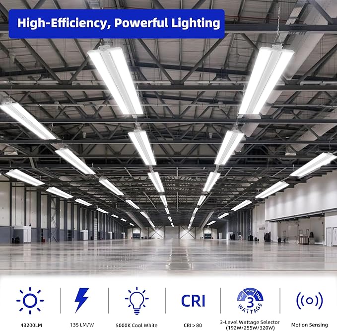 hykolity LED Linear High Bay Light 4FT with PIR Sensor Base, 320W/256W/192W Power Tunable, 43200LM/34560LM/25920LM 5000K Shop Lights Lighting Fixtures for Garage, Warehouse, 2-Pack