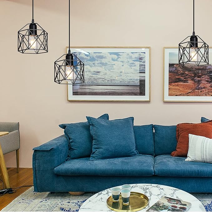 Industrial Plug-in Pendant Light, Black Farmhouse Hanging Ceiling Light, Vintage Metal Cage Wall Mount Lamp, 1-Light Fixture for Kitchen Island, Dining Room, E26 Base (Bulb Not Included)