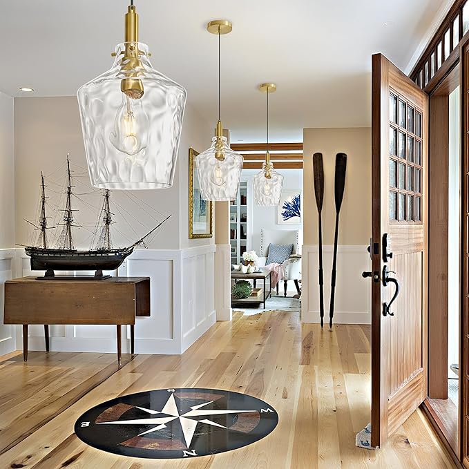 Modern Hammered Glass Pendant Lighting for Kitchen Island 1 Pack, Farmhouse Gold Pendant Light Fixtures, Height Adjustable Ceiling Pendant Light, 8 Inch
