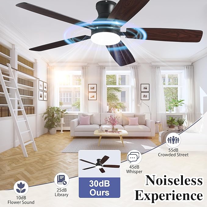 52 Inch Ceiling Fans with Lights and Remote Control, Indoor/Outdoor Flush Mount Low Profile Commercial Reversible Dimmable Ceiling Fans for Living Room Patio Industrial Shop, Black