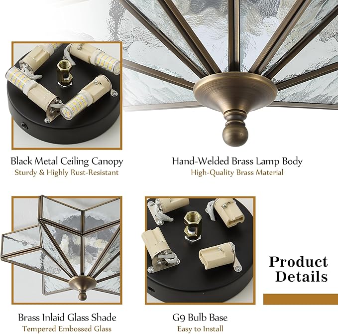 Star Brass Glass Ceiling Light - Small 12 Inch Black Bronze Hammered Flush Mount Fixture - Unique Art Deco Vintage Modern Lighting Lights for Bedroom Dining Entry Hall Hallway Outdoor Porch