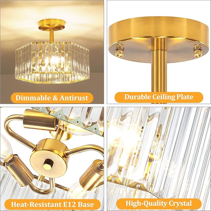 TOULMJ Crystal Semi Flush Mount Ceiling Light, 3-Light Modern Close to Ceiling Light Fixtures, Gold Hallway Light Fixtures Flush Mount Chandelier for Entryway Kitchen Bedroom Dining Laundry Room