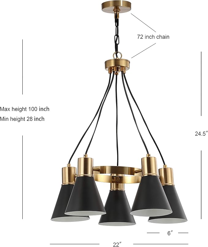 JONATHAN Y 22" Black/Brass Gold Apollo Mid-Century Modern Iron LED Pendant, Black Metal Shade, Adjustable Hanging Ceiling Light for Kitchen Island, Hallway, LED Bulb Included (JYL6135A)