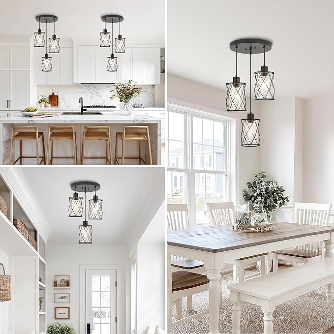 Refice 3-Light Pendant Lights Kitchen Island, Black Kitchen Cluster Hanging Pendant Lights with Clear Glass, Modern Cage Chandelier Light Fixture for Sink Dining Room Bedroom Bar