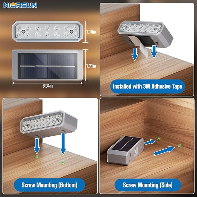 NIORSUN Solar Step Lights, 12 Pack Outdoor Horizontal Lights for Steps, Deck, Stairs, Dock & Pathway - Bright 3000K Warm White, Auto On/Off, IP67 Waterproof