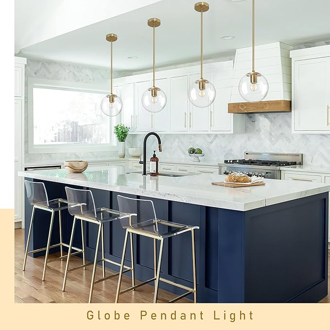 Bagood 8" Globe Pendant Light Gold Mid Century Modern Light Fixture Clear Glass Pendant Lights Kitchen Island Modern Pendant Lights Brushed Brass Finished with Clear Glass Lampshade for Bedroom