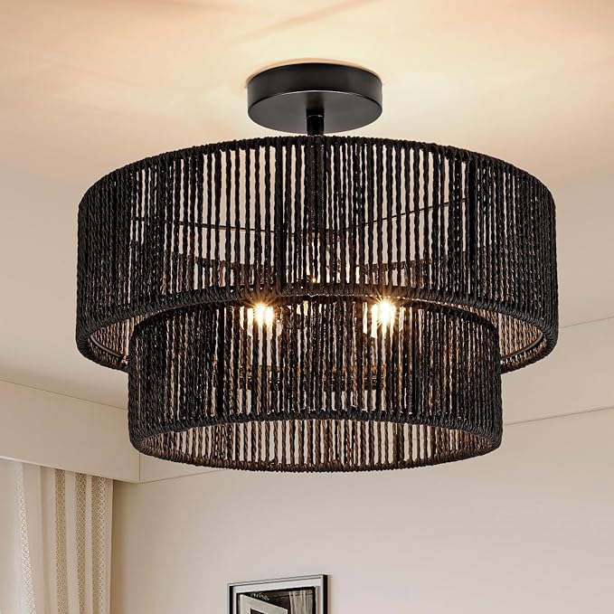 15.7'' Black Boho Light Fixtures Ceiling Mount Coastal Hemp Rope Semi Flush Mount Ceiling Light Fixture 3-Light Rattan Light Fixtures with 2-Tier Drum Shade for Dining Room Kitchen Entry