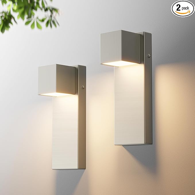2 Pack 13" Modern Outdoor Led Wall Light,16W 3000K 1200Lumen Porch & Patio Hardwired Wall Mount Wall Sconces,Exterior IP65 Waterproof Aluminum Wall Lamp for Front Door Garage Garden(Nickel)