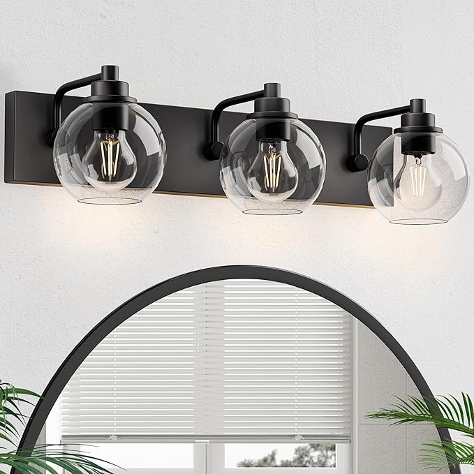 Espird Bathroom Light Fixtures-Matte Black Vanity Lights for Bathroom, Modern Black Vanity Lights 3-Light Bathrooms Lighting Fixtures Over Mirror with Clear Glass Shade