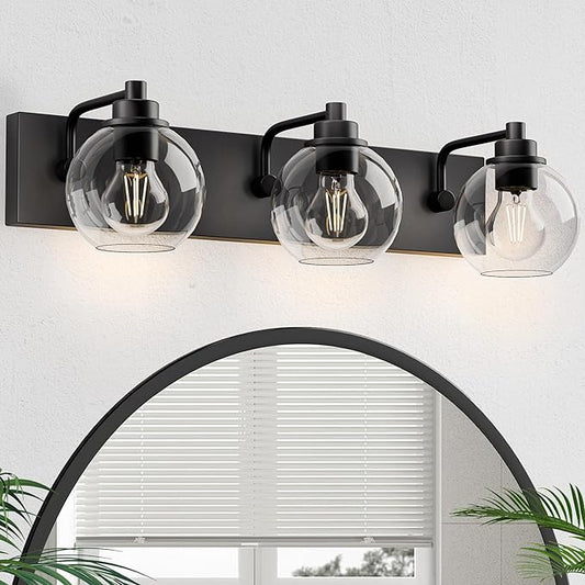 Espird Bathroom Light Fixtures-Matte Black Vanity Lights for Bathroom, Modern Black Vanity Lights 3-Light Bathrooms Lighting Fixtures Over Mirror with Clear Glass Shade