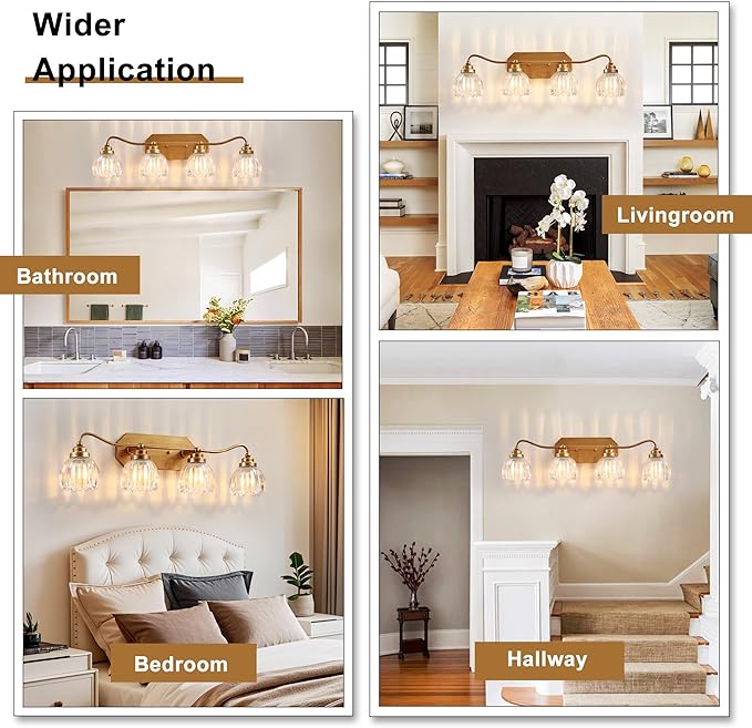 Vintage Bathroom Light Fixtures, 4 Light Gold Bathroom Vanity Light, Matte Antique Brass Finish with Crystal Glass Shade, Wall Sconces Lighting for Bedroom, Living Room, Hallway