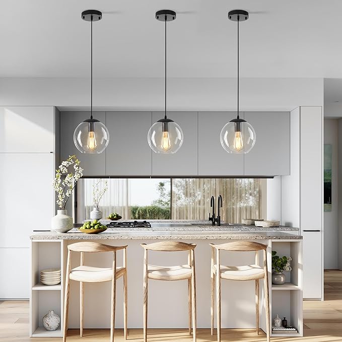 Globe Pendant Light, Modern Hanging Lighting Fixture, Classic Cluster Chandelier with Clear Glass Shades(Black, 1 Lights, 4.7 Inch)