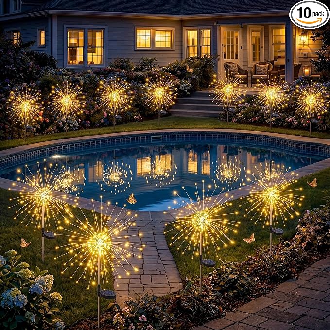 Solar Firework Lights, 10 Pack 120 LEDs 8 Lighting Modes Twinkle Solar Garden Lights Outdoor Waterproof for Yard Patio Walkway Pathway Party Wedding Balcony Decorative- Warm White