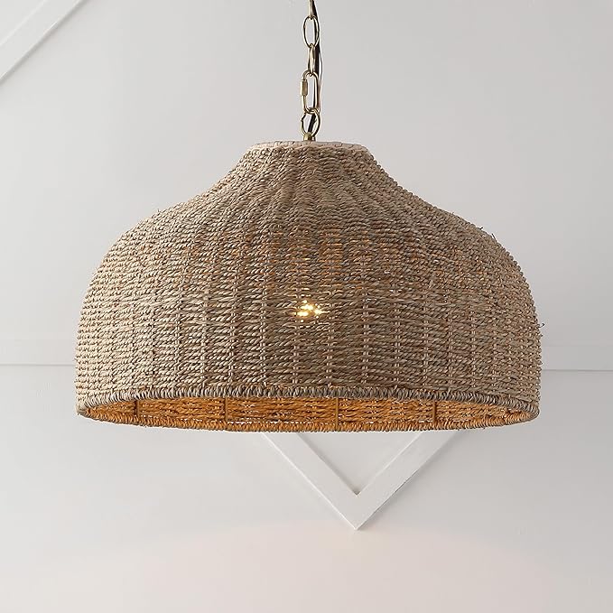 JONATHAN Y 20" Brown/Brass Gold 1-Light Rattan and Iron Dome Pendant Light, Adjustable Height Coastal Bohemian Hanging Lamp for Kitchen Island, LED Bulb Included JYL1133A