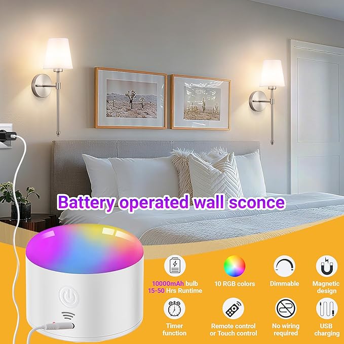 YHCDLAMP Battery Operated Wall Sconce Set of 2, Rechargeable Wall Sconce with 10000mAh Bulb and Remote Control, Up to 50 Hrs Use, RGB Dimmable Wireless Wall Lights for Living Room Bedroom Hallway