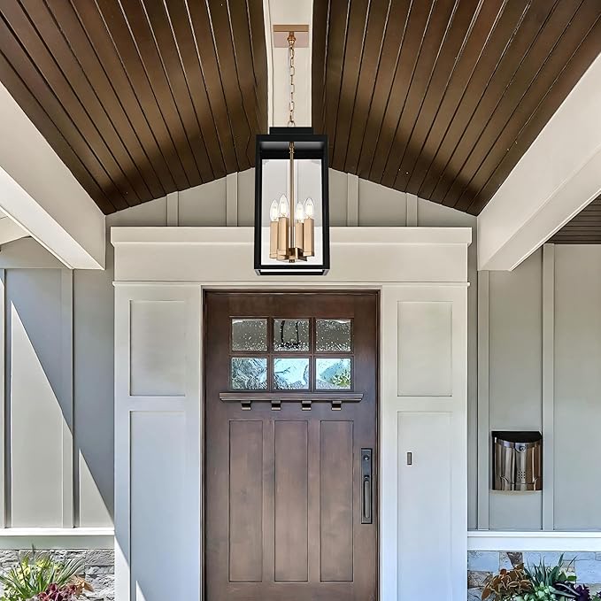 MELUCEE Large Outdoor Lantern Pendant Lights Outdoor Chandelier Black Brass, 4-Light Farmhouse Pendant Light Exterior Ceiling Mount Hanging Lantern with Clear Glass for Porch Entrance Gazebo