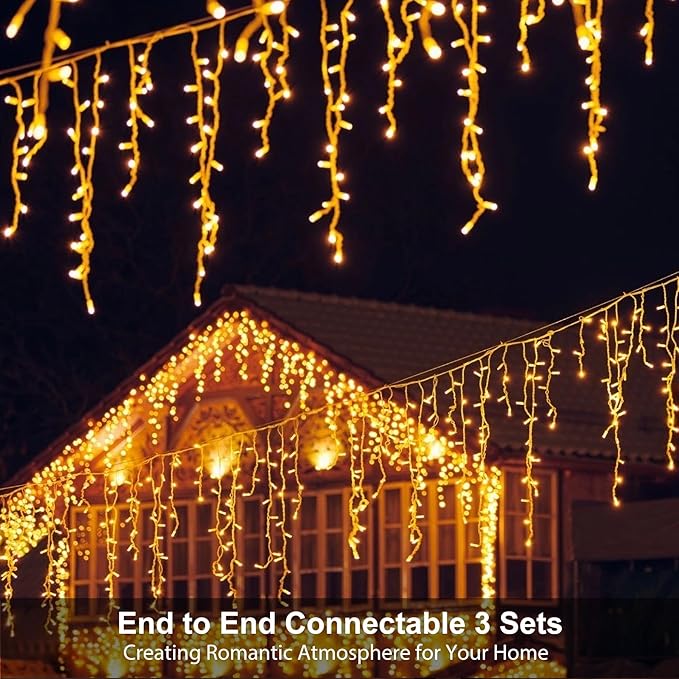LED Icicle Lights for Outdoor Christmas Decorations,39.4Ft 400 LEDs Christmas Fairy Light with Timer&Memory Function,8 Lighting Modes,Plug in hanging Curtain Lights for Xmas Party Wedding(Warm White)