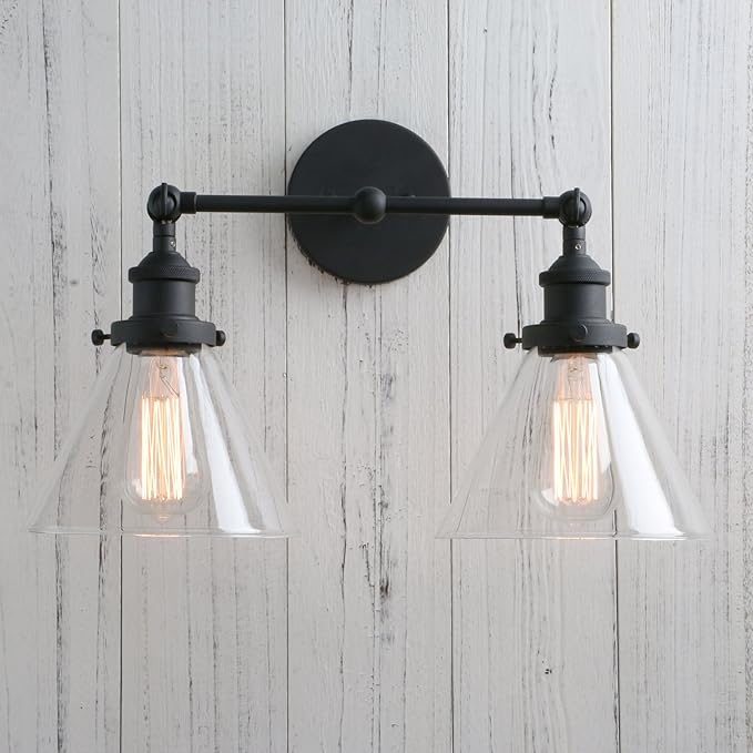 PERMO Industrial Double Sconce 2-Lights Wall Sconces with Dual Funnel Clear Glass Shade Wall Sconce for Mirror Hallway Bedroom, Hardwired, E26 Base (Black)