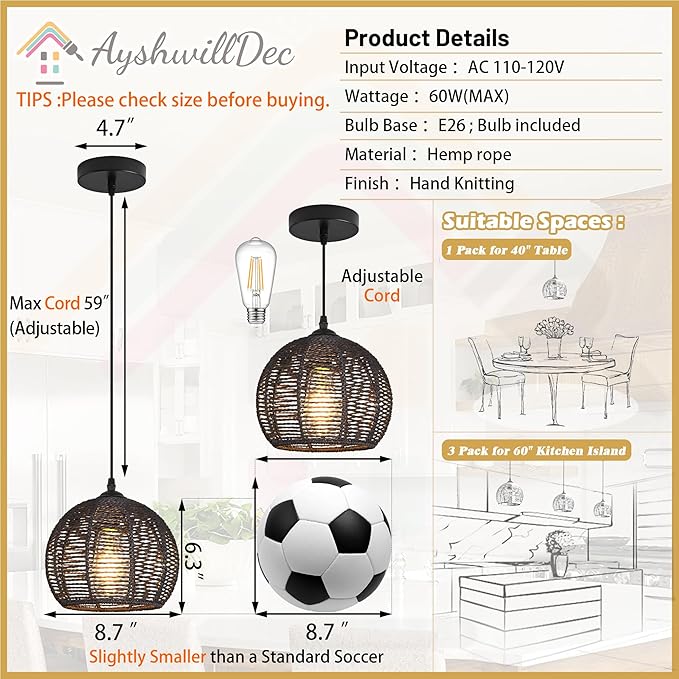 Ayshwill Dec Black Woven Boho Chandelier Wicker Rattan Dome Pendant Light Fixture for Dining Room Bedroom Kitchen Island (Bulb Included)
