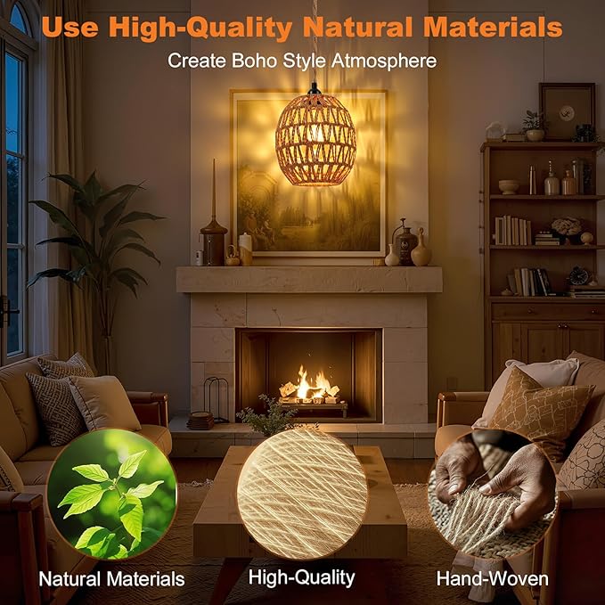 FRIDEKO HOME Hanging Lamps Hanging Light 15ft Plug in Pendant Light - Pendant Light with On Off Switch Plug in Cord Pendant Light Fixture E26 E27 Light SocketCord for Bedroom Living Room (Bohemia)