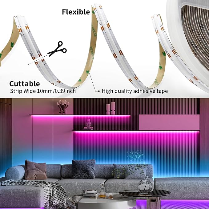 GIDEALED 32.8ft COB LED Strip Light 24V Kit,Color Changing COB RGB LED Strip Light Dimmable,Flexible LED COB Light Strip with IR Remote &Bluetooth APP Control,FCOB LED Light for Bedroom Decoration