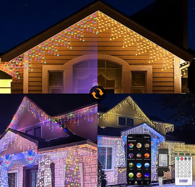 LED Icicle Lights for Outdoor Christmas Decorations,49Ft 600 LEDs Color Changing Christmas Fairy Light,APP & Remote Control,17 Lighting Modes,Plug in RGB hanging Curtain Lights for Xmas Party