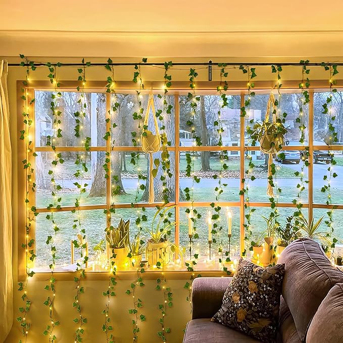 JMEXSUSS Vines Lights for Bedroom, 9.8ft x 9.8ft with Remote, 300 LED Fairy Lights with Vines, Artificial Ivy Curtain Light for Wall Dorm Wedding Indoor Decor