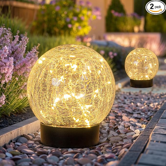 Beautyard Solar Globe Lights Outdoor Large Garden Decor USB Charged 4.72" Diameter 40LED 1000mAh Solar Lights Cracked Glass Globe Solar Power Yard Patio Garden (4.72'' Large 2 Pack Warm White)