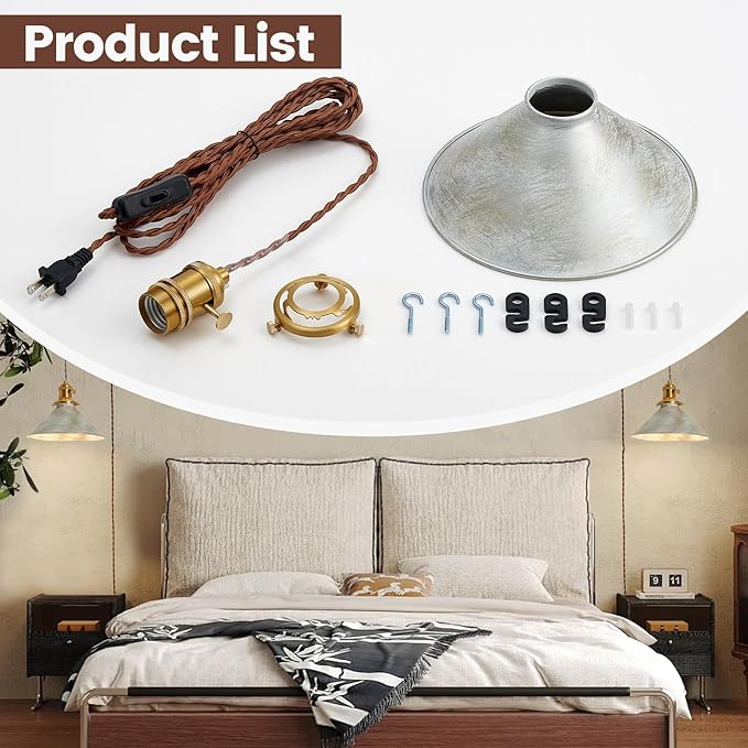 Plug in Pendant Light, 8.2 Inch Silver Pendant Light Fixtures On/Off Switch, Adjustable 14Ft Light Cord Hanging Pendant Light for Kitchen Bedroom Restaurant 2 Pack