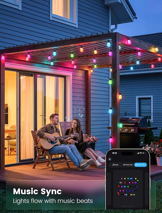 woohaha Outdoor String Lights,45(37+8) FT Smart RGB+IC+Warm White Outdoor Patio Lights with 19 Dimmable LED Bulbs, IP65 Color Changing Light with APP Control&2.4G Remote,for Outside Backyard Decor