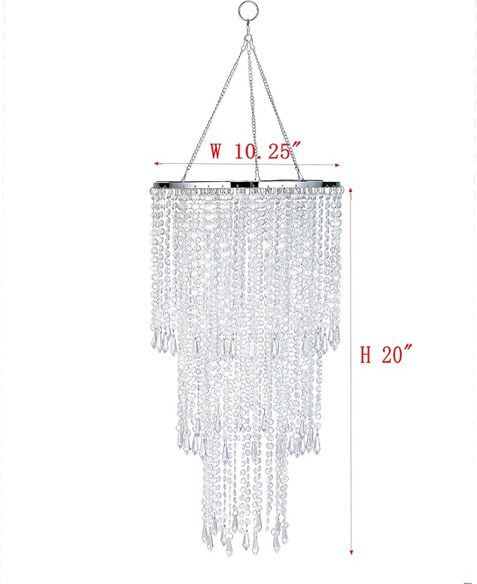 FlavorThings Modern Chrome Beaded Hanging Chandelier (W10.25 x H20”)，3 Tiers Beads Pendant Shade Gold Frame, Ceiling Chandelier Beaded Lampshade with Acrylic Jewel Droplets (H20Gold)