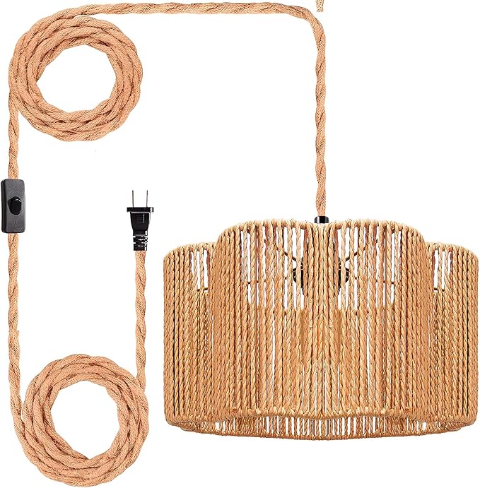 Hanging Lamps Rattan Pendant Light Hanging Lights 16.4ft Plug in Cord Pendant Light Fixture Plug Into Wall Outlet Pendant Lighting with On Off Switch for Bedroom Living (Cylindrical Flower Shade)