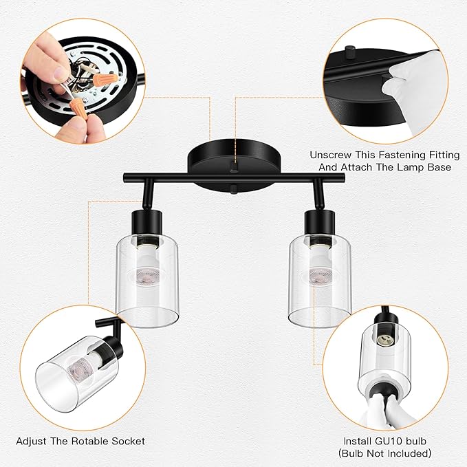 BoostArea Modern 2 Way Black Ceiling Spot Light With Glass Shade and Flexibly Rotatable Head - Perfect for Kitchen, Dining Room, Bedroom, Hallway
