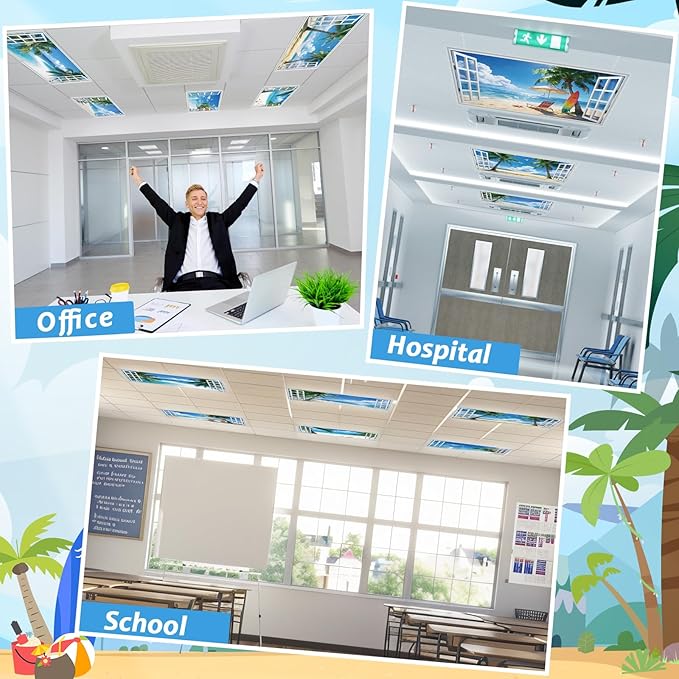 8 Pcs Summer Beach Fluorescent Light Covers for Classroom Ceiling Light 4 x 2 Feet Magnetic Lights Cover Filter Easy Install for Back to School Office Hospital Ceiling Supply (Windows Seascape)