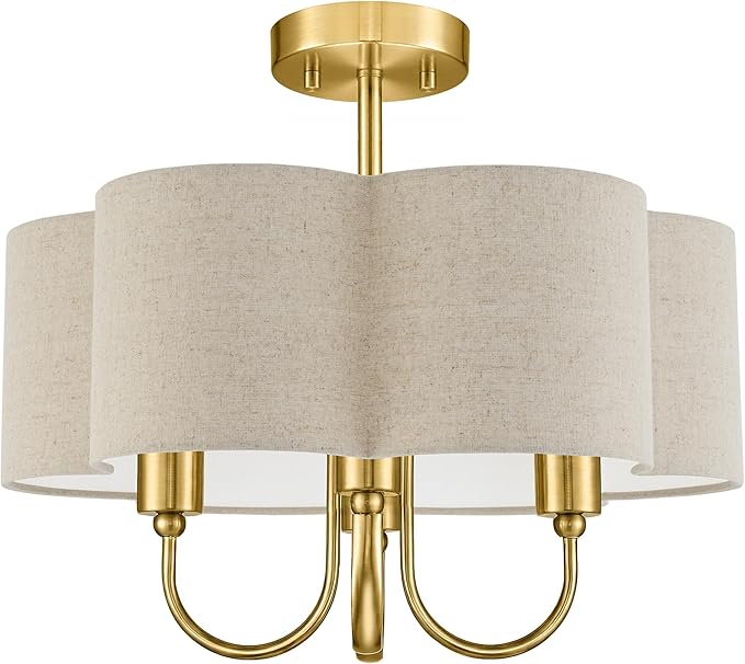 Gold Semi Flush Mount Ceiling Light, 18" 4-Light Light Fixtures Ceiling Mount with Brown Linen Petal Shade for Kitchen Nursery Entryway Hallway Bedroom, E26 Base, SM179-BG-L-6