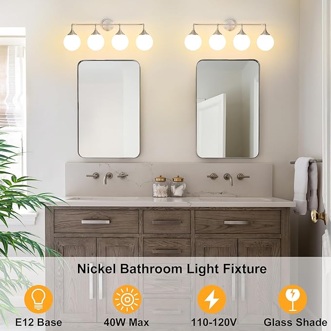 Brushed Nickel Vanity Lights Fixtures, 4-Light Bathroom Vanity Lighting Over Mirror, Modern Bathroom Wall Sconces with Milky White Glass Ball Shades