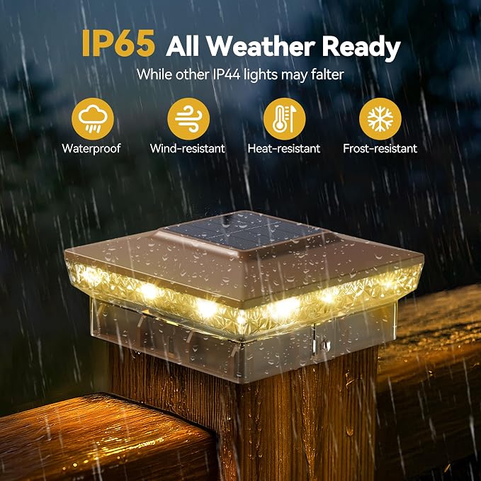 Solar Post Cap Lights, 2-Pack Upgraded Outdoor Deck Fence Post Solar Lights for 4x4 5x5 Wood/Vinyl Posts, IP65 Waterproof, 10-12 Hours Warm/Cool White Glow for Garden/Patio/Porch - Brown