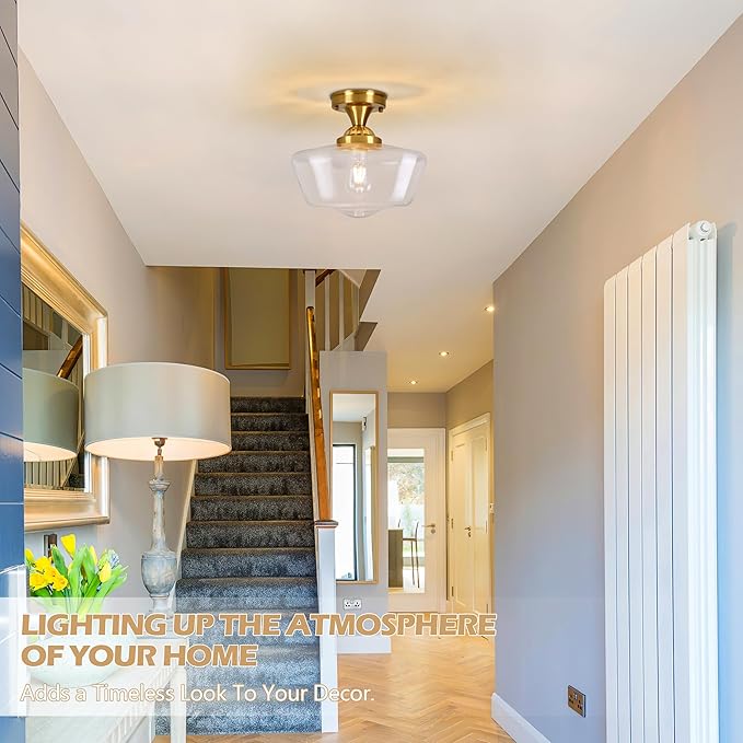 Brass Schoolhouse Light Fixture 12" Mid Century Light Fixture Schoolhouse Light Fixtures Ceiling Clear Glass Semi Flush Mount Ceiling Lights for Bedroom Bathroom Kitchen(Bulb Incl.)